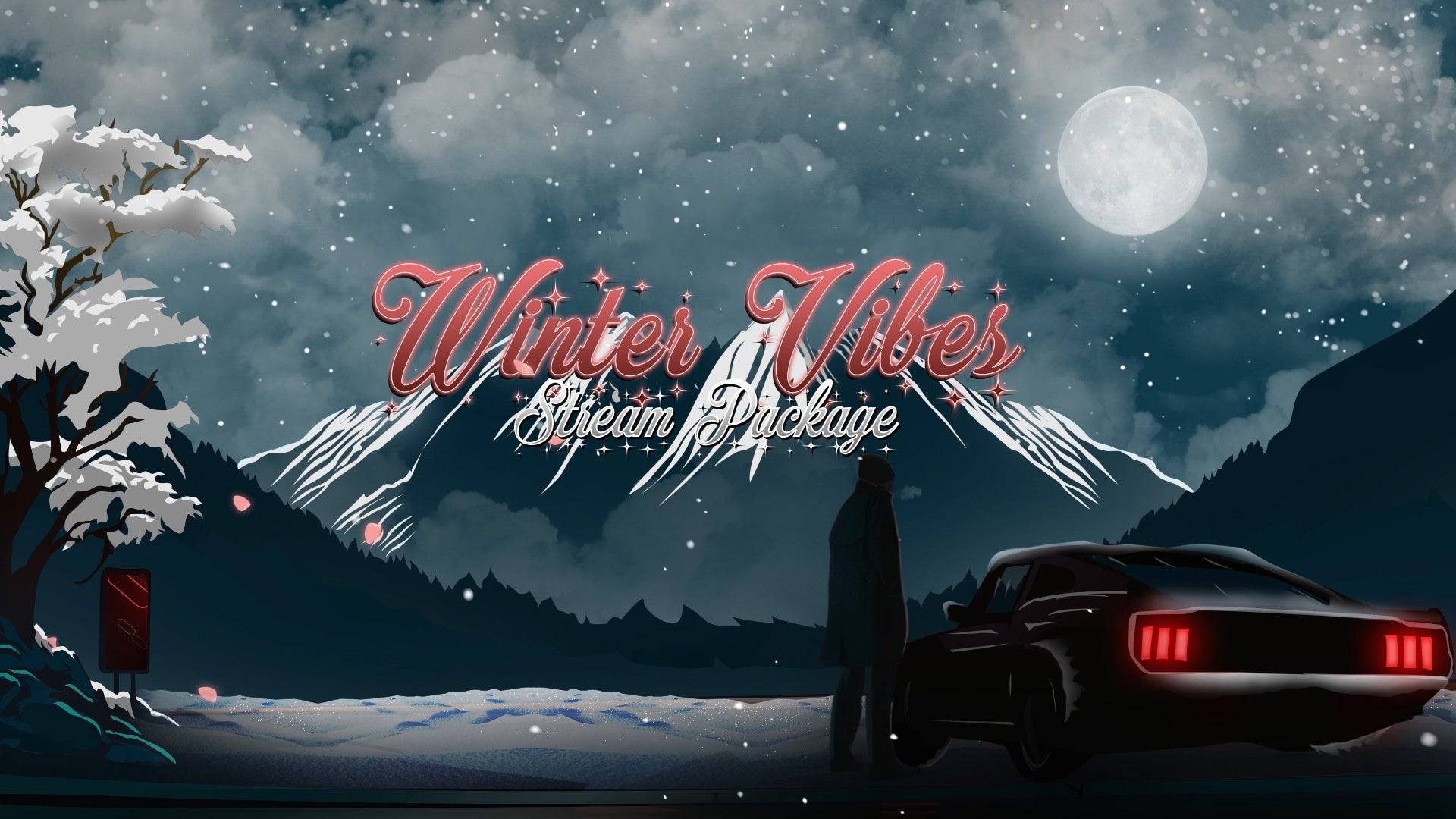 "Winter Vibes Twitch overlay package featuring animated snowy scenes, frosty webcam frame, winter-themed stream alerts, cold blue Twitch panels, and OBS-compatible overlay designs for cozy and seasonal live streaming.