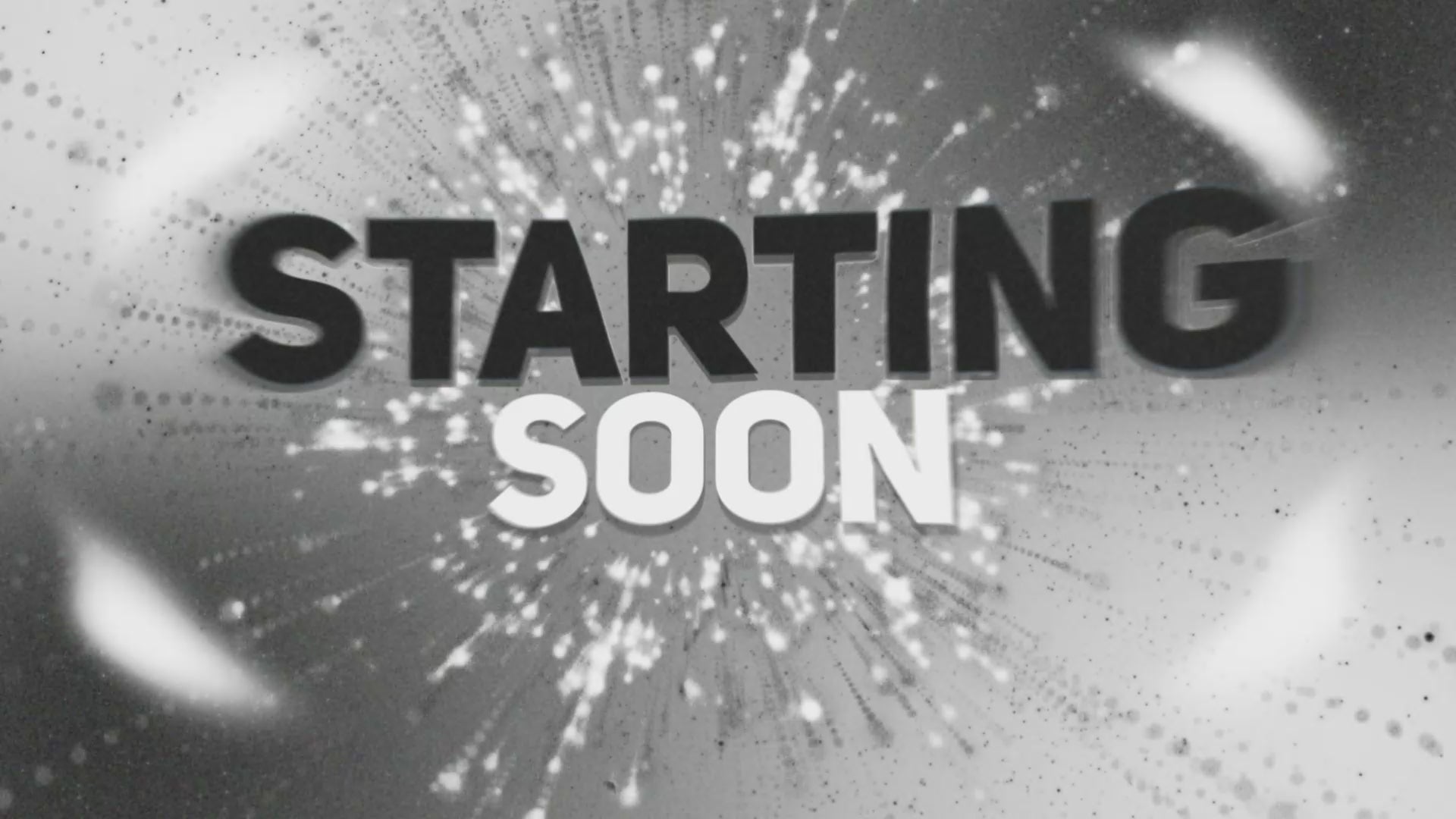 Black and white retro-futuristic stream screens from the Quantum Impulse Package featuring orbiting atomic animations, swirling particles, and smooth looping motion across Starting Soon, BRB, Ending, and Offline layouts with a clean monochrome sci-fi aesthetic.