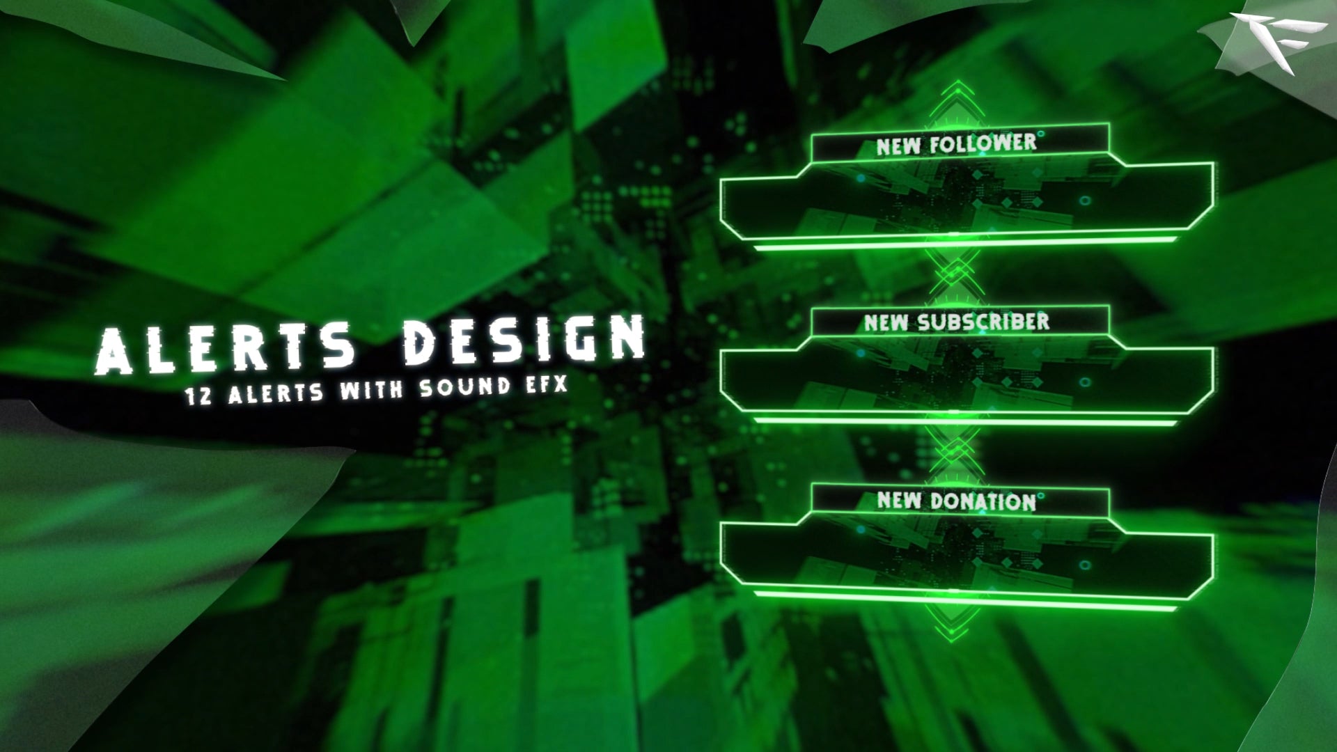 Cyber Attack stream alerts with animated green glitch effects and bold terminal-style text. Includes alert designs for new followers, subscribers, donations, raids, and bits. Ideal for Twitch and YouTube streamers with a hacking or cyberpunk theme.