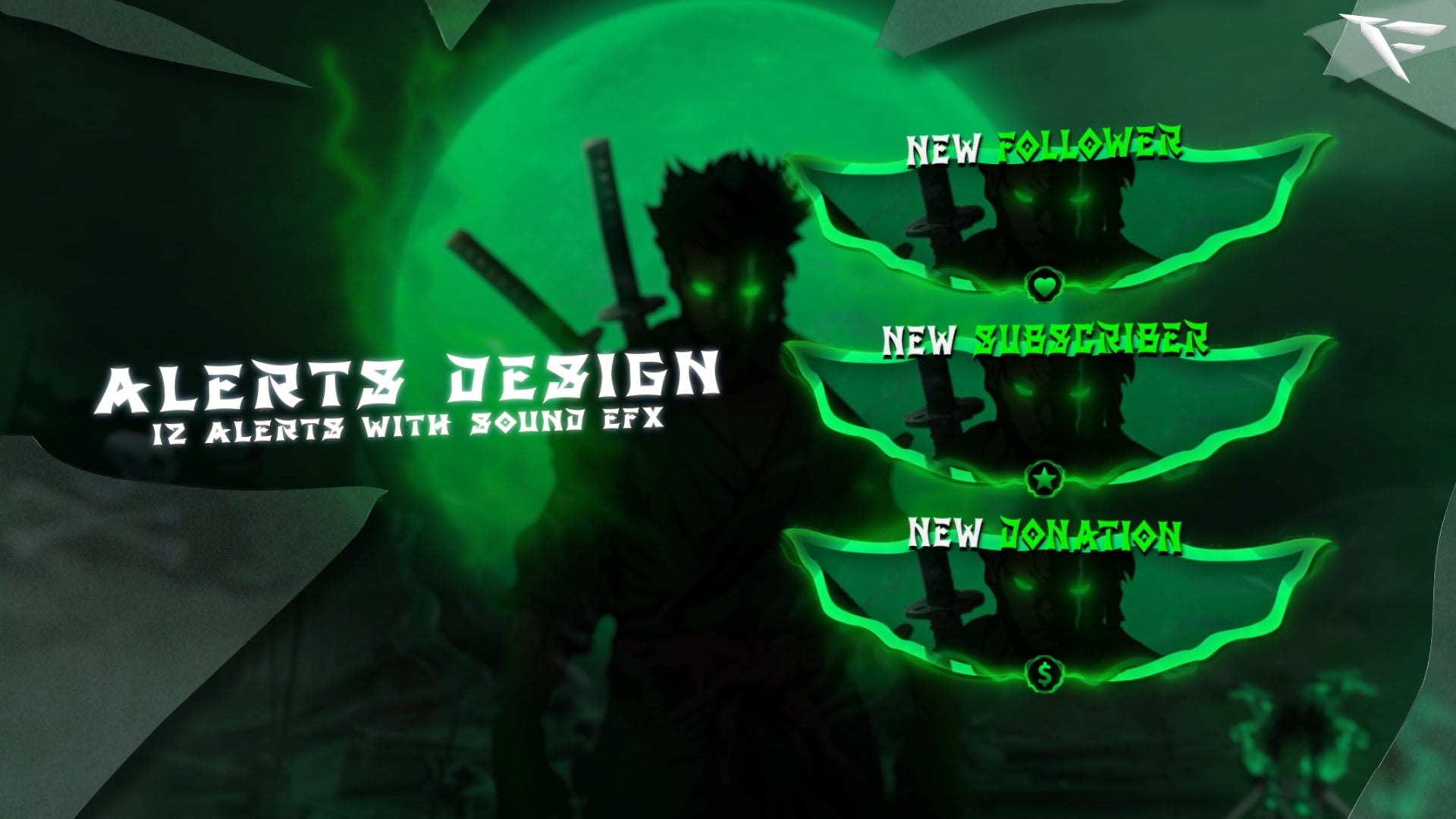 Pirate Hunter Twitch Alerts – animated follow, subscriber, donation, and raid alerts with dark pirate theme and glowing green effects for Twitch, OBS, and Streamlabs streamers.