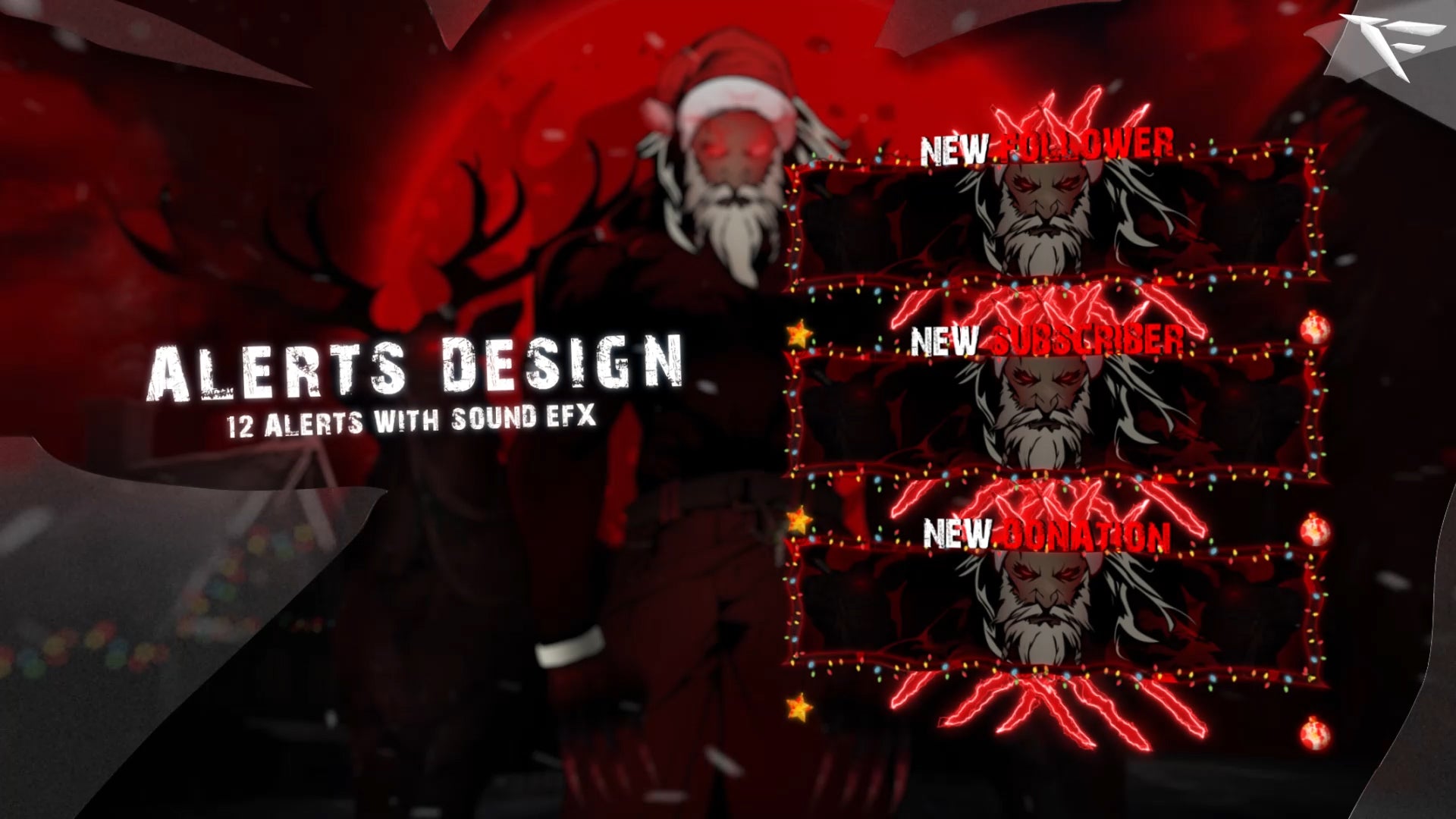 Santa Claws Horror Twitch Alerts – animated follow, subscriber, donation, and raid alerts featuring dark Christmas horror theme with glowing red effects and creepy Santa claw visuals for Twitch, OBS, and Streamlabs streamers.