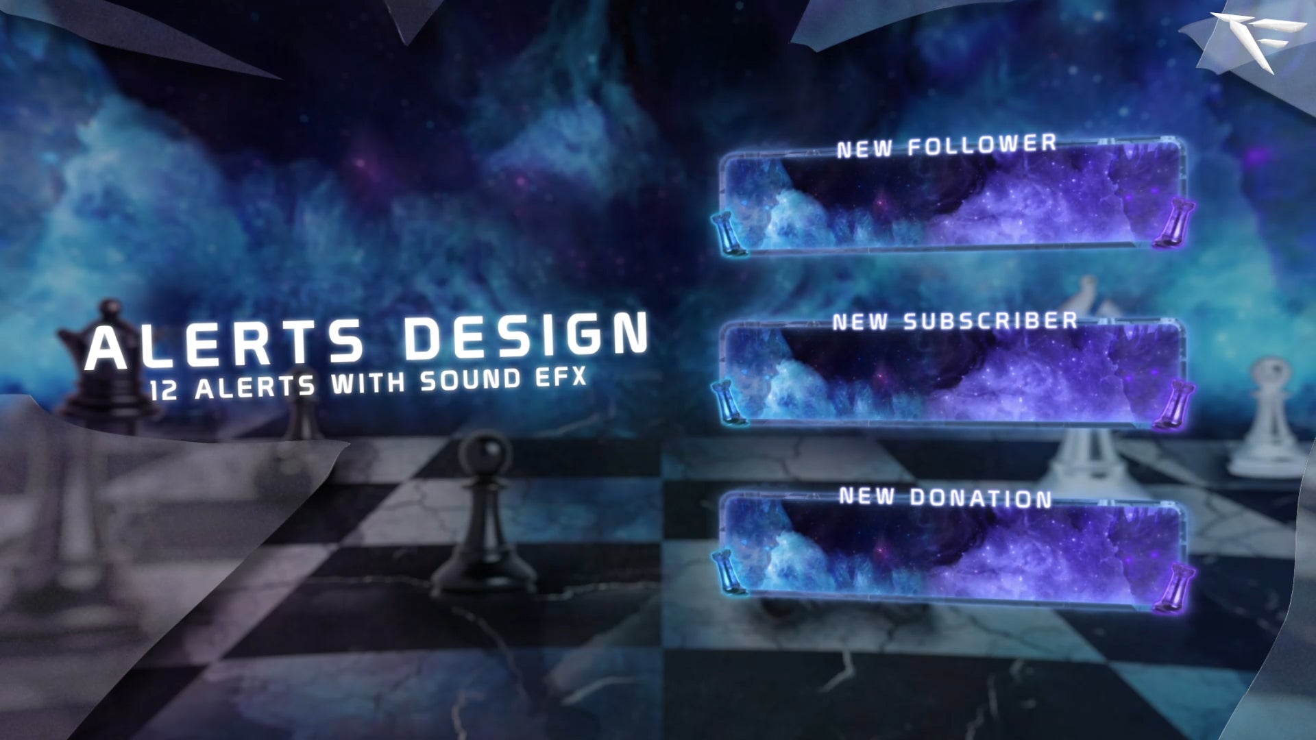 Chess Galaxy Twitch Alerts – animated follow, subscriber, donation, and raid alerts featuring futuristic chess theme with glowing effects and galactic space aesthetic for Twitch, OBS, and Streamlabs streamers.