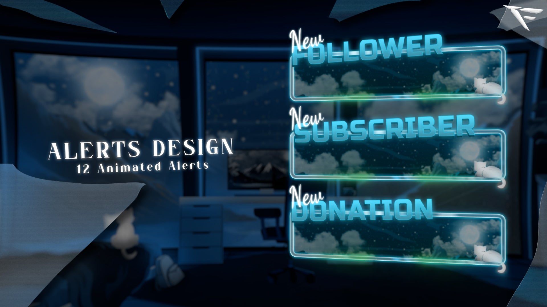 Cozy Night Twitch Alerts – animated follow, subscriber, donation, and raid alerts with cozy night aesthetic for Twitch streamers using OBS and Streamlabs.