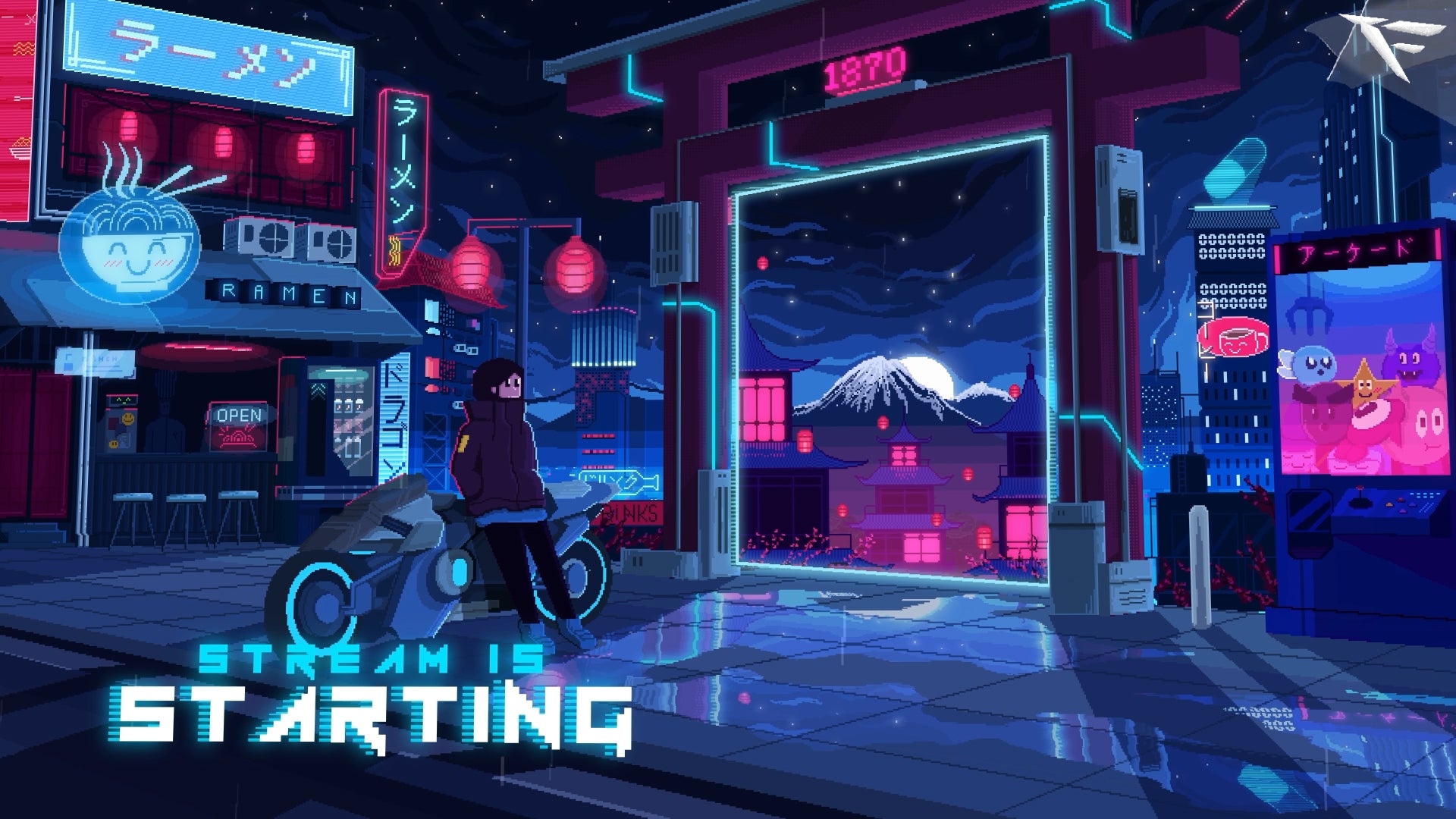 Pixel Cyber Japan animated stream screens – neon pixel art city backgrounds with Japanese signs, holographic effects, and cyberpunk vibe for Twitch layouts.