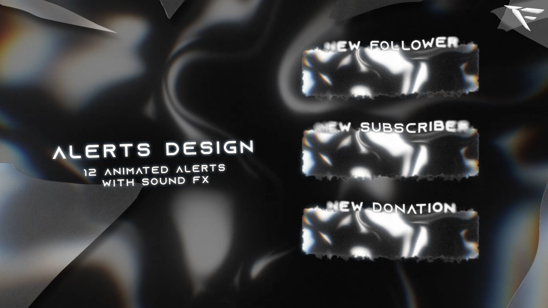 Dark Liquid animated stream alerts – fluid noise and dark distortion effects for Twitch notifications and events.