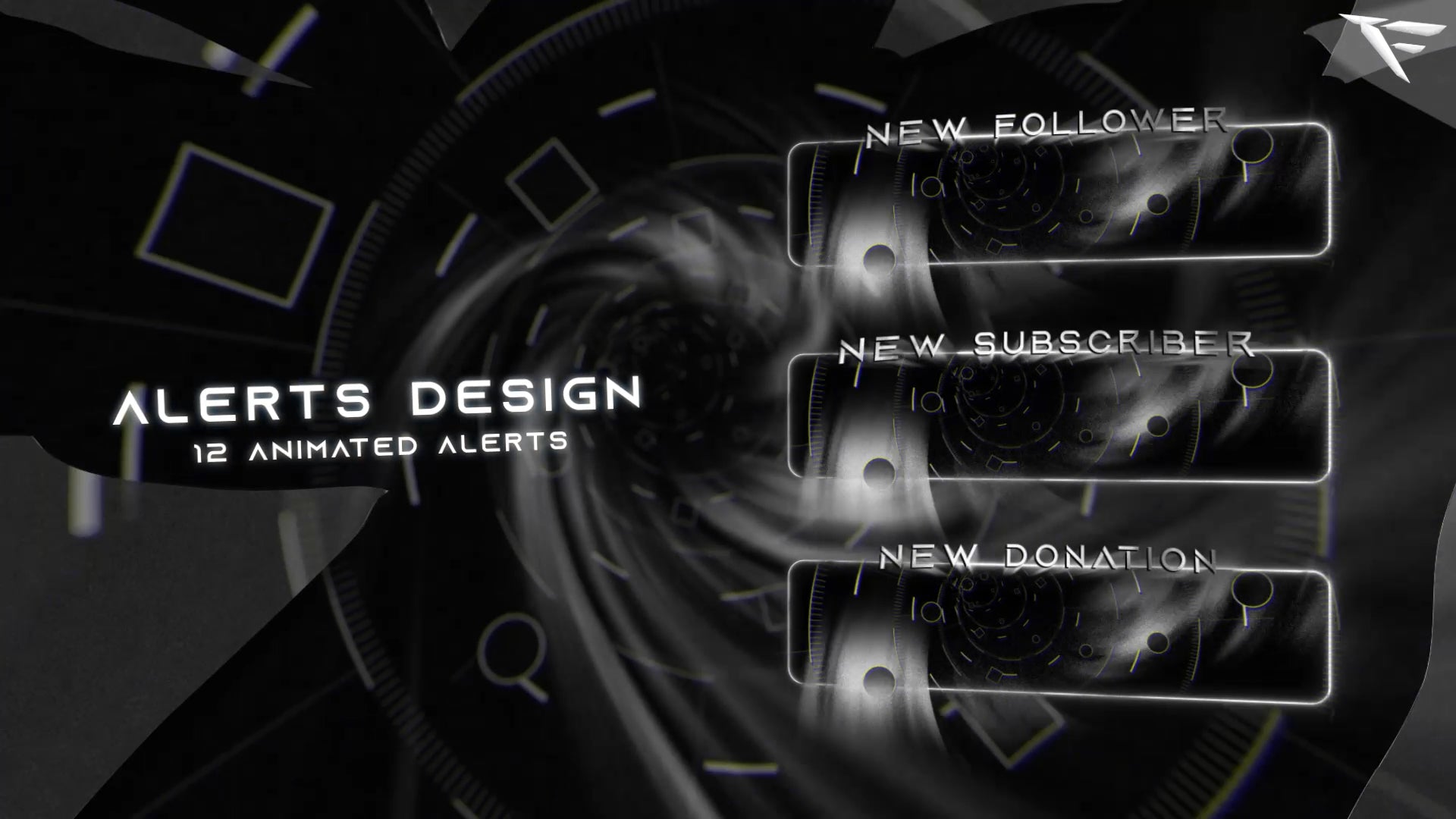 Dark Loop animated alerts – sleek dark spiral and loop effects for Twitch notifications in a modern sci-fi theme.