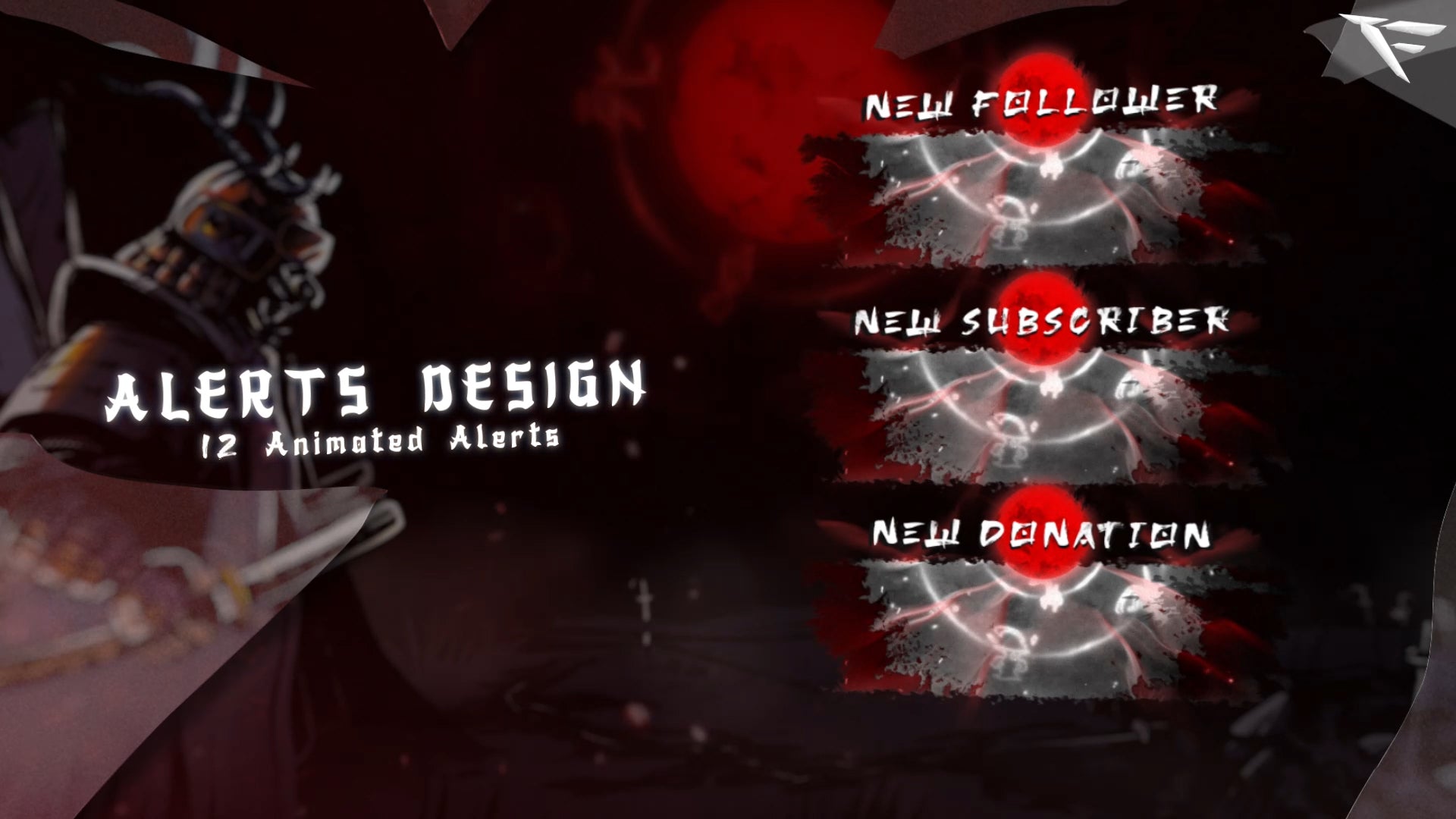 Dark Samurai Twitch Overlay – Animated alert frames for Twitch featuring dramatic samurai aesthetics, including follower, subscriber, and donation alerts