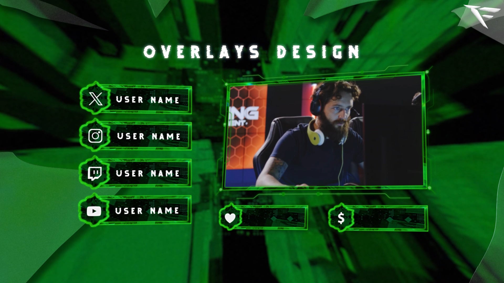 Cyber Attack webcam frame with neon green glitch animation and digital distortion effect, designed for Twitch streamers. Fits standard webcam sizes and matches hacking or cyberpunk streaming themes.