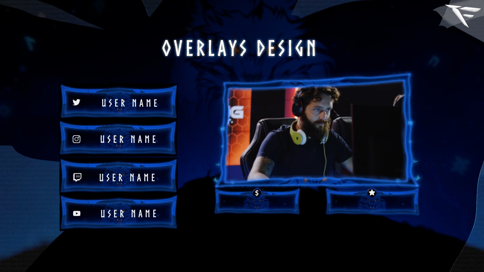 Norse wolf-themed Twitch webcam frame with runic symbols, icy blue glow, and dark cinematic design from the Fenrir Stream Package.