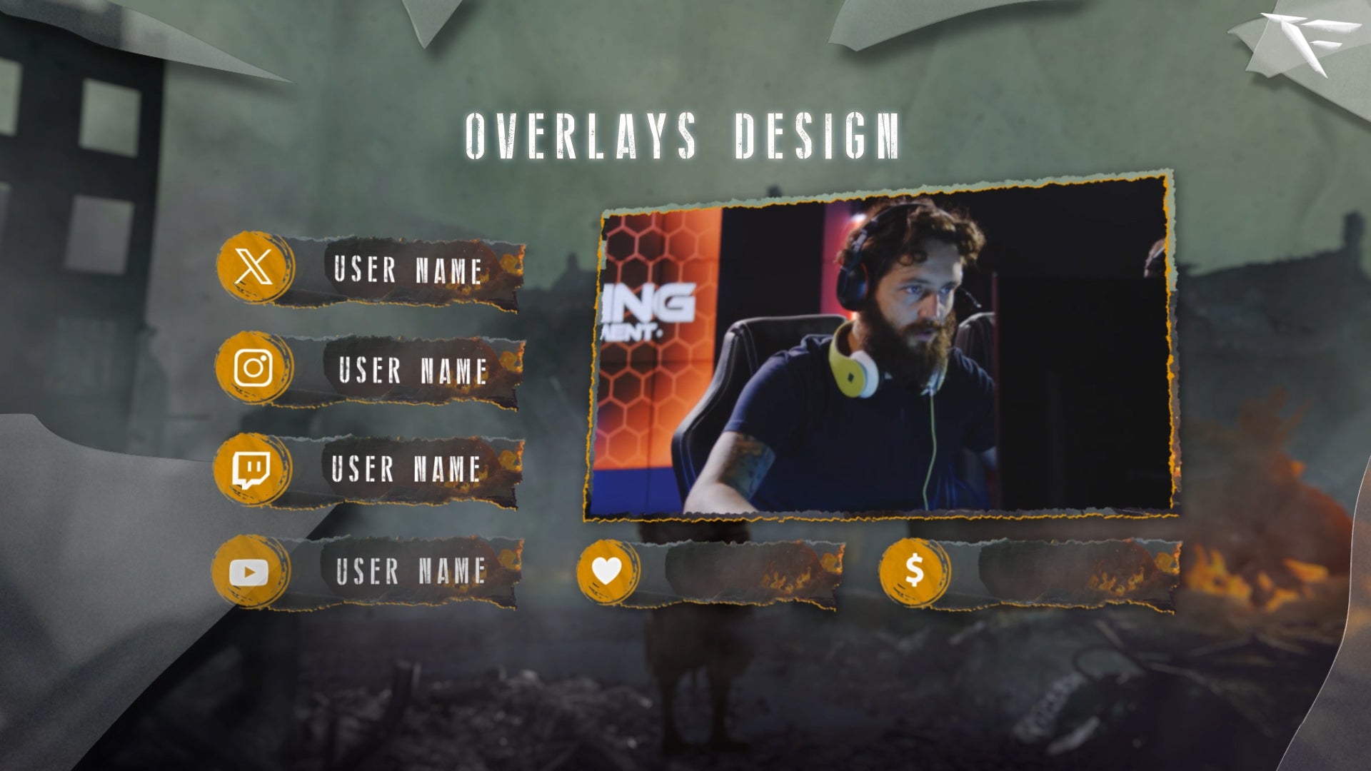 Aftermath Twitch facecam overlay – cinematic shattered metal webcam frame with glowing accents – perfect for Twitch, OBS, and Streamlabs setups by FragileGFX.