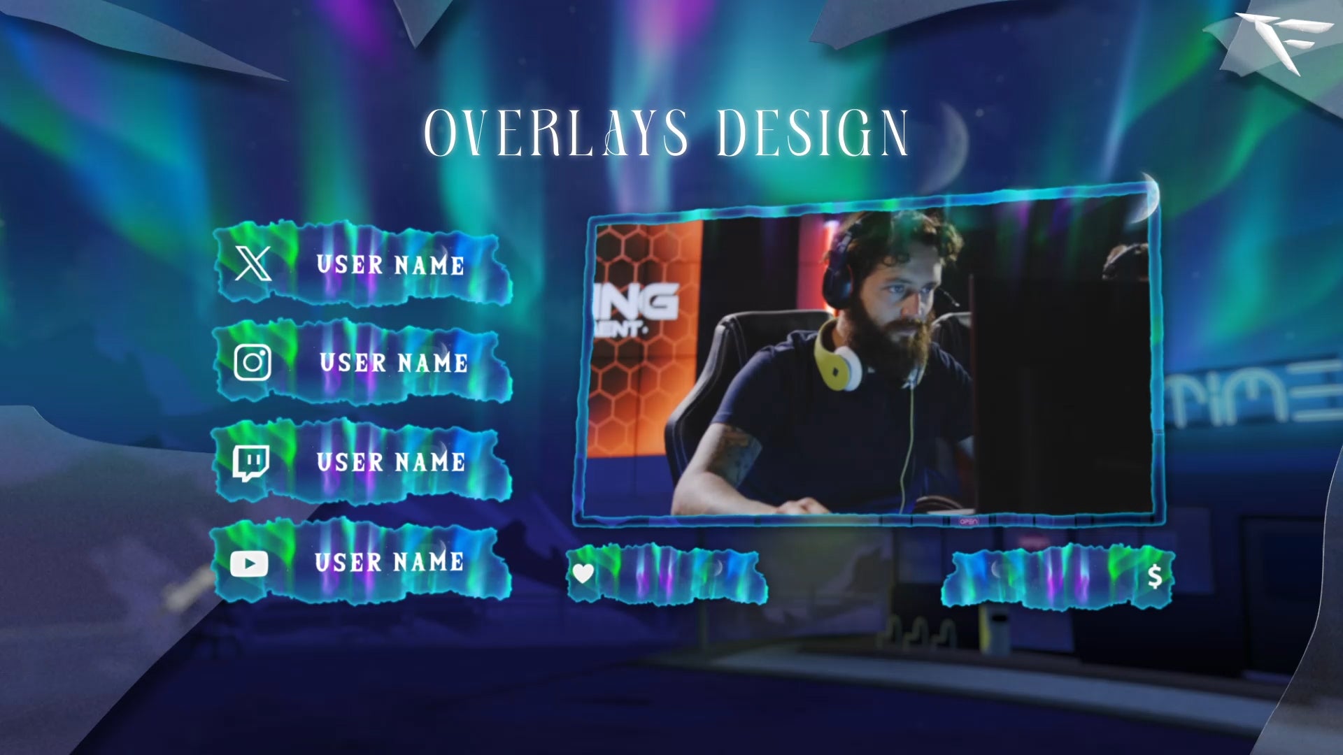 Aurora Night Twitch overlay and animated facecam frame featuring glowing aurora lights, soft gradients, and elegant neon accents by FragileGFX.