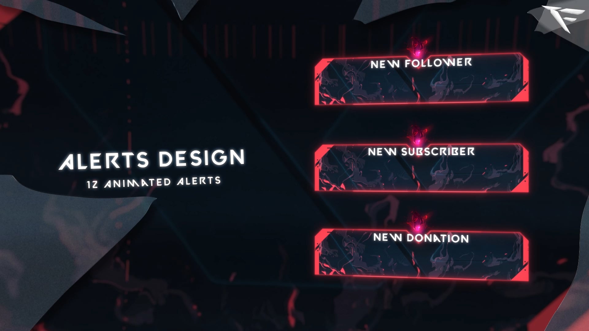 Animated alerts for new followers, subs, raids, and donations with radiant glitch effects inspired by Valorant agents.