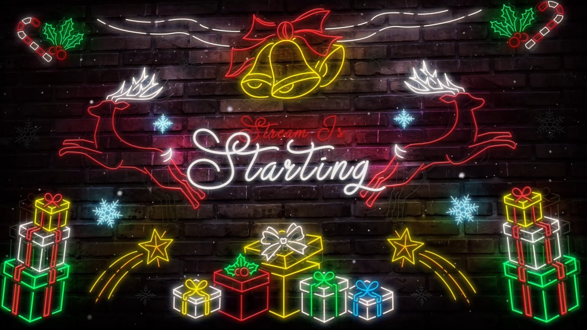 Neon Christmas animated stream screens – festive starting soon, be right back, and offline layouts with glowing neon deer, stars, and Christmas lights.
