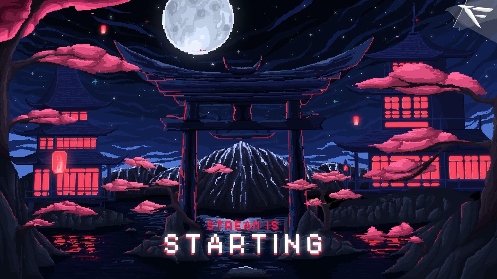Pixel Japan Twitch Overlay for OBS – animated pixel-art stream screens, webcam frame, and retro Japanese city background