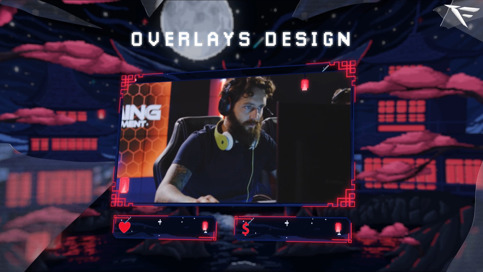 Pixel Japan Twitch Overlay for OBS – animated pixel-art stream screens, webcam frame, and retro Japanese city background