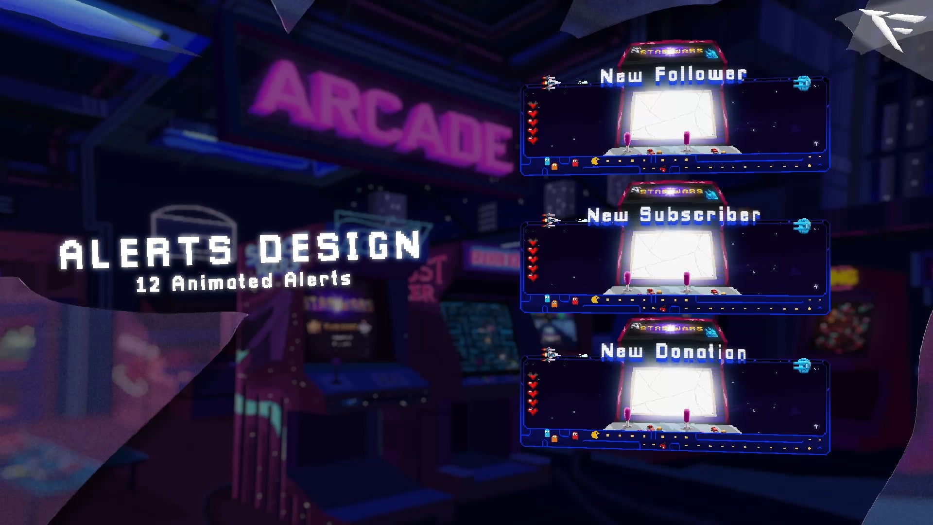 Animated pixel art alerts from Retro Arcade Twitch overlay pack, including followers, subs, donations and raid notifications