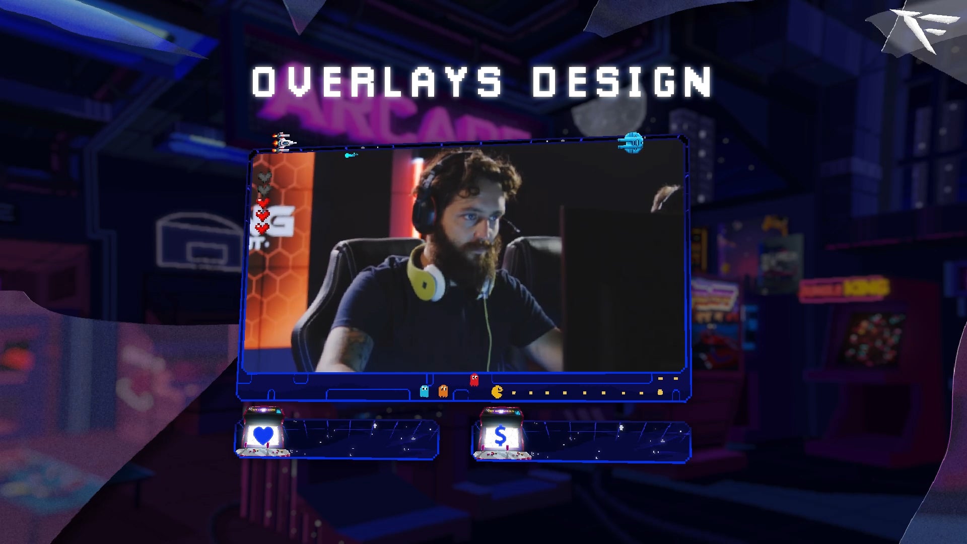 Retro Arcade webcam overlay with pixel-style border and classic gaming interface design for streamers using OBS or Streamlabs