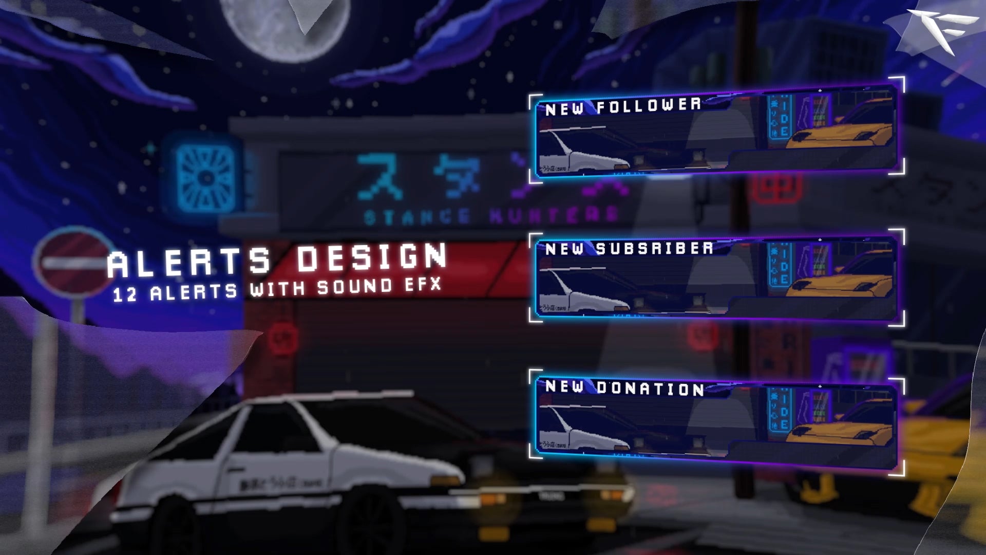 Pixel Garage stream alert box and UI overlays – animated elements compatible with OBS, Streamlabs, and StreamElements