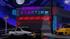 Animated 'Starting Soon' screen with retro garage and neon pixel lights – part of Pixel Retro Garage Twitch Overlay for OBS