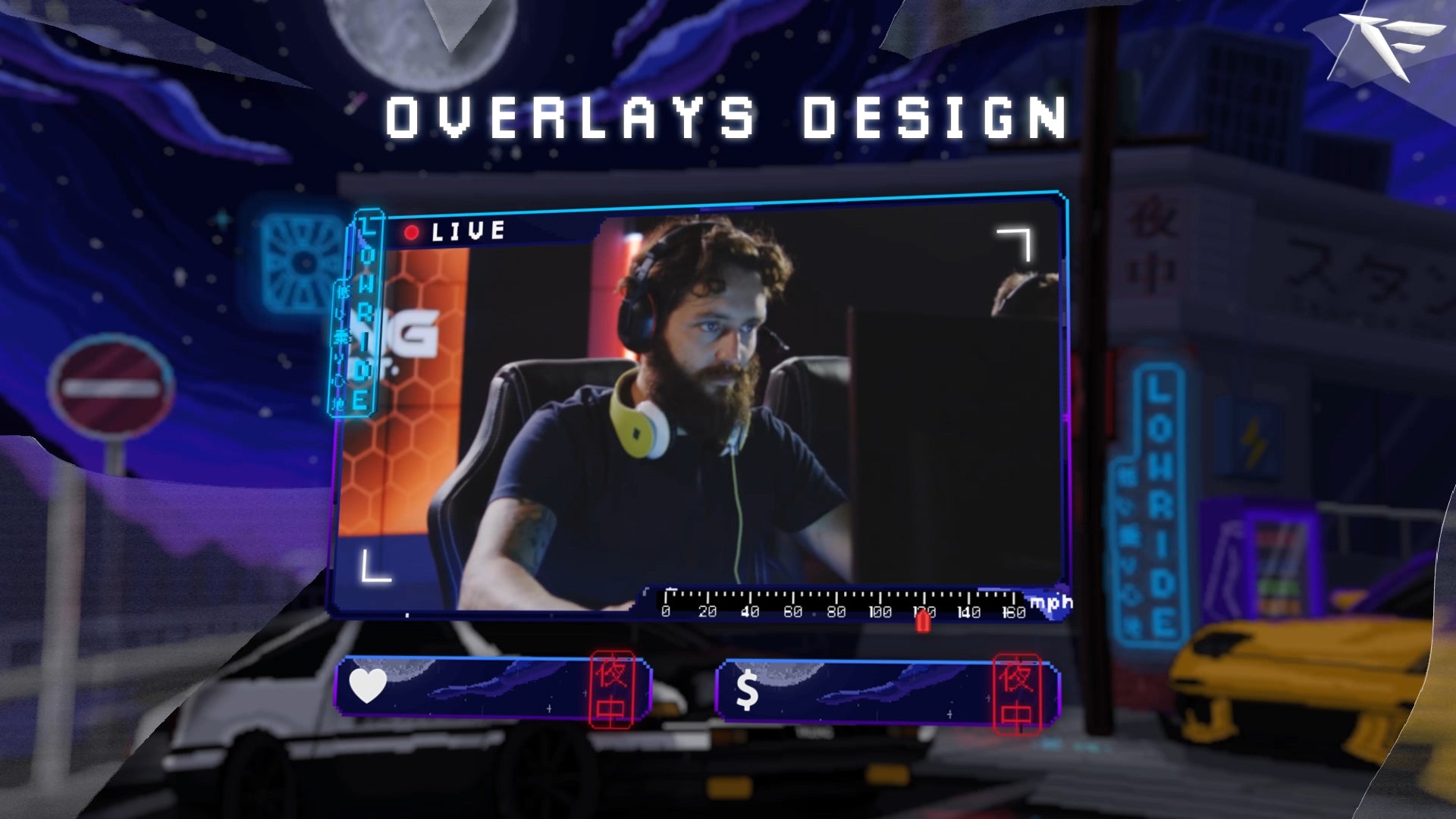 Retro pixel-art webcam frame from Pixel Retro Garage Twitch Overlay – designed for OBS streaming in 16:9 layout