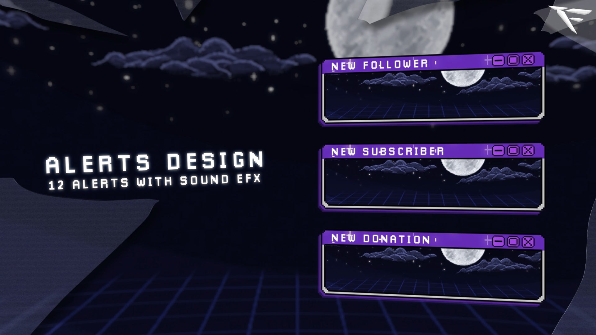 Collection of animated pixel-style stream alerts included in the Retro Lofi Twitch overlay pack, compatible with OBS and Streamlabs