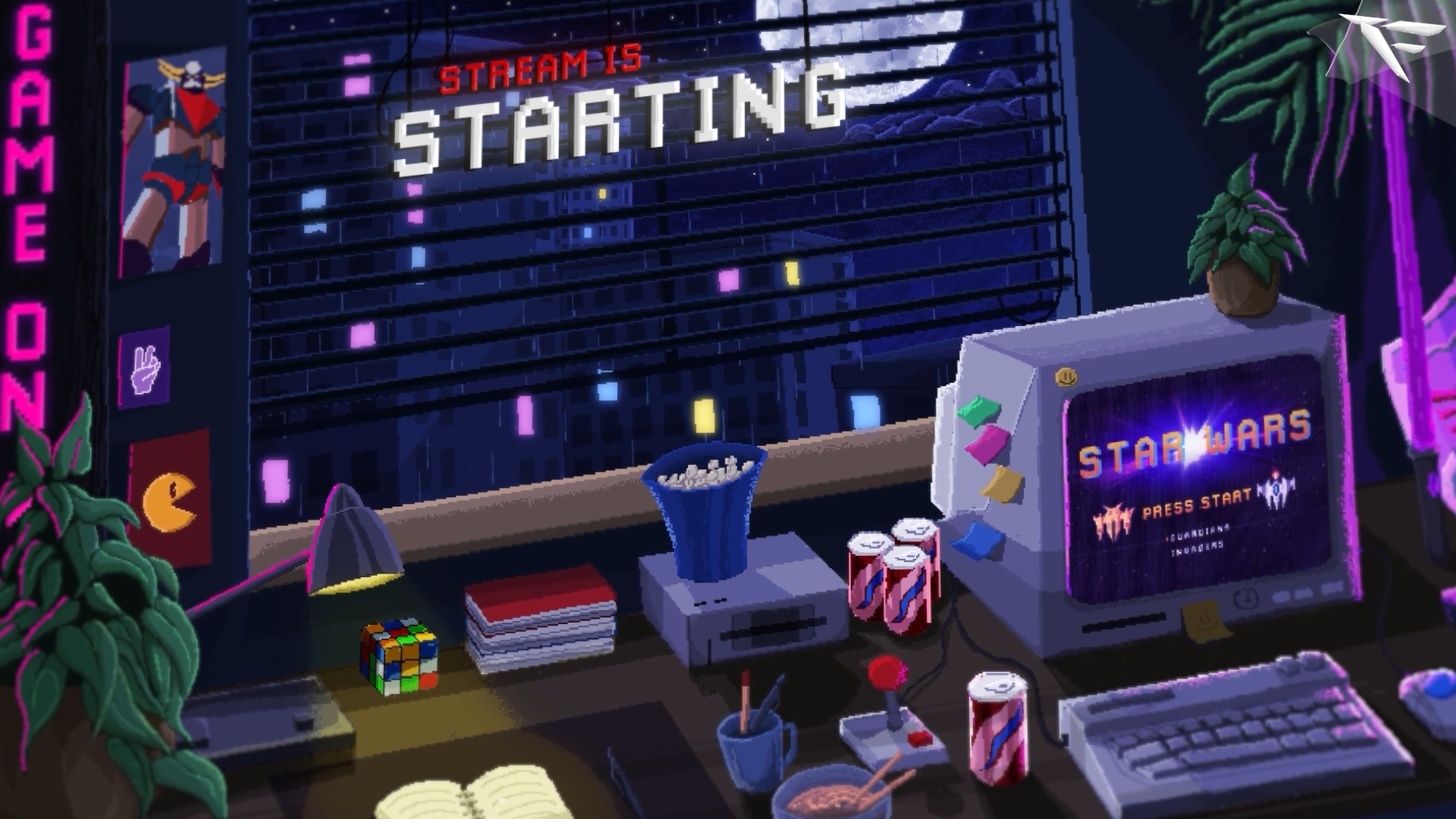 Collection of animated pixel-style Twitch stream screens from the Retro Lofi overlay pack, including 'Starting Soon', 'Be Right Back', 'Stream Ending', 'Intermission', and 'Offline' scenes—designed for OBS with a cozy, vintage pixel art aesthetic