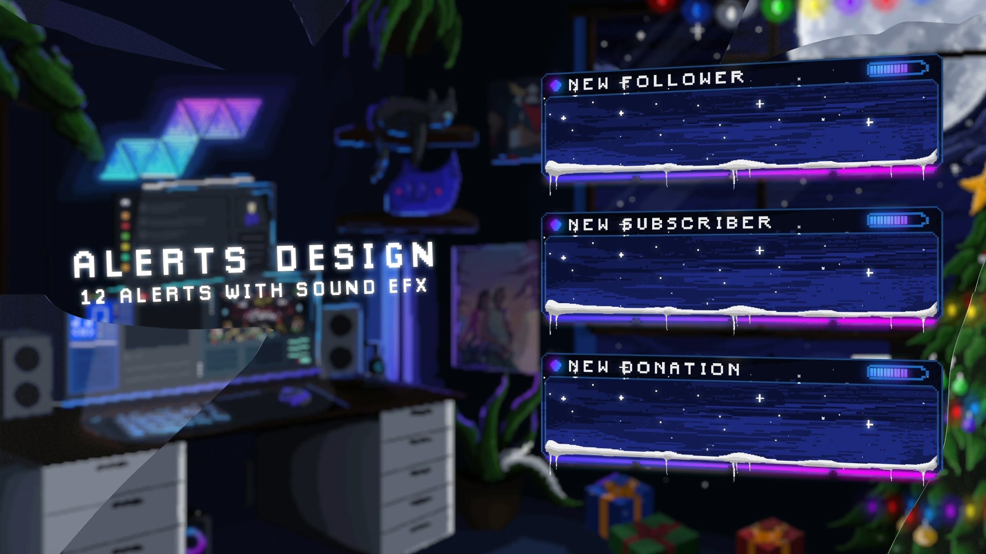Pixel Winter Lofi animated alerts – relaxing pixel snow and moon effects for Twitch notifications and cozy lofi-themed streams.