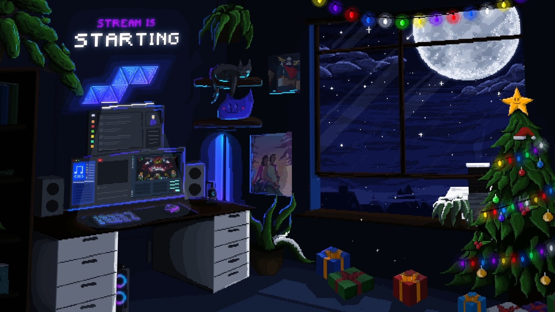 Pixel Winter Lofi stream screens – animated starting soon, be right back, and offline layouts featuring snow falling, glowing moon, and peaceful winter window scene.