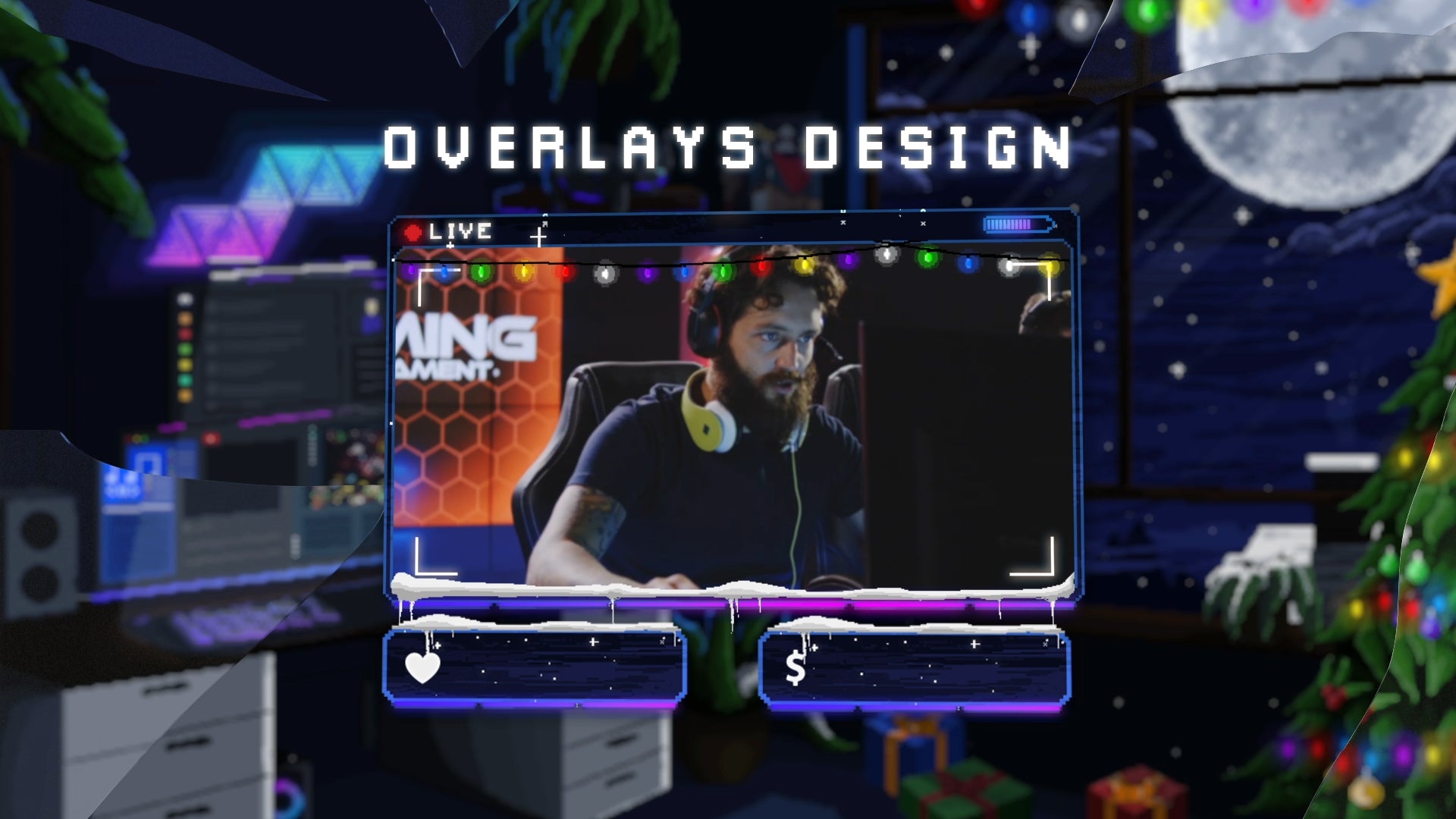 Pixel Winter Lofi webcam overlay – cozy pixel art window frame with snow and moonlight for Twitch or OBS streamers in winter theme.