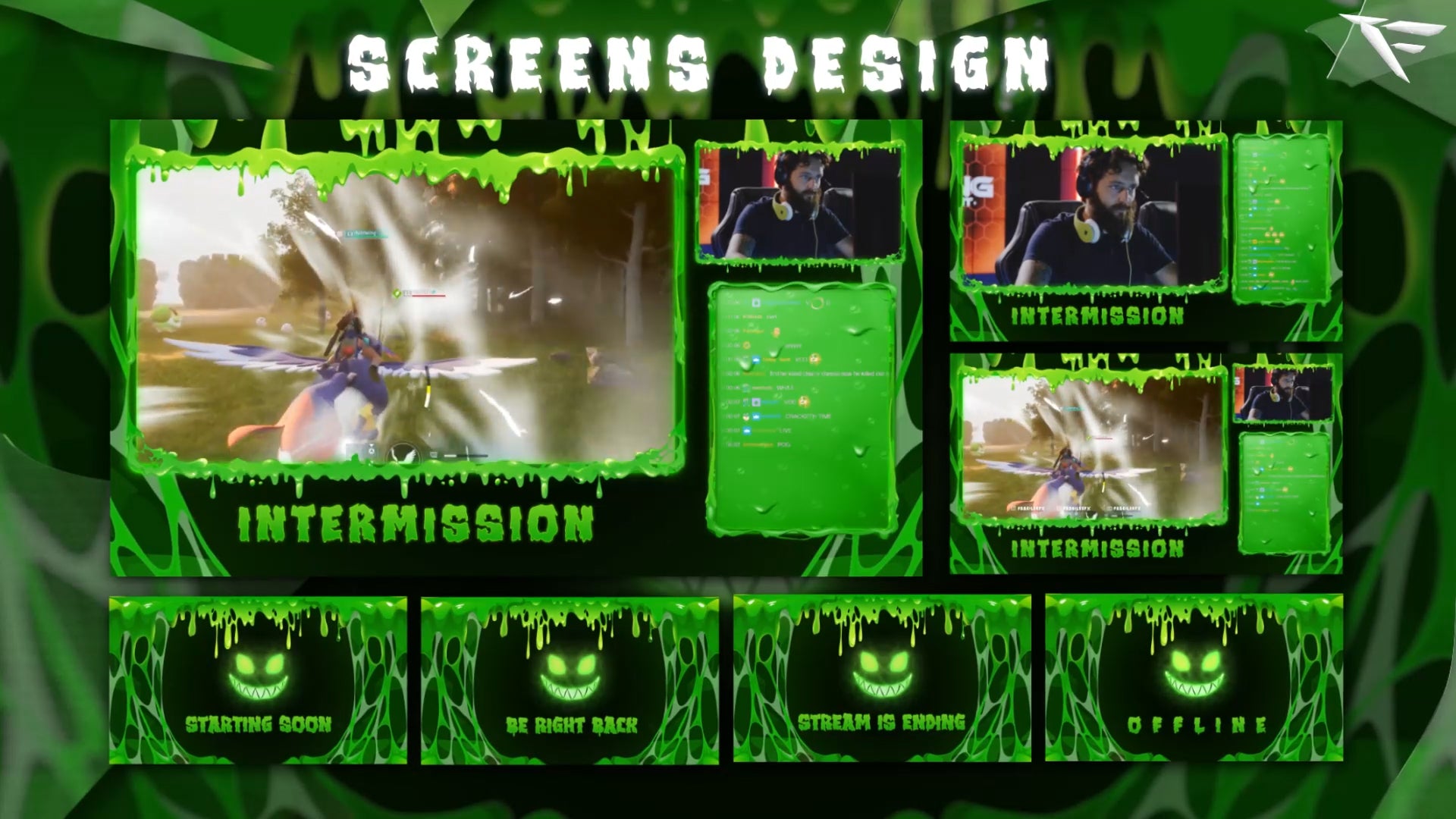 Animated Twitch overlay screens from the Slime Monster Stream Package – includes starting soon, be right back, and offline screens – professional slime-style stream design by FragileGFX.