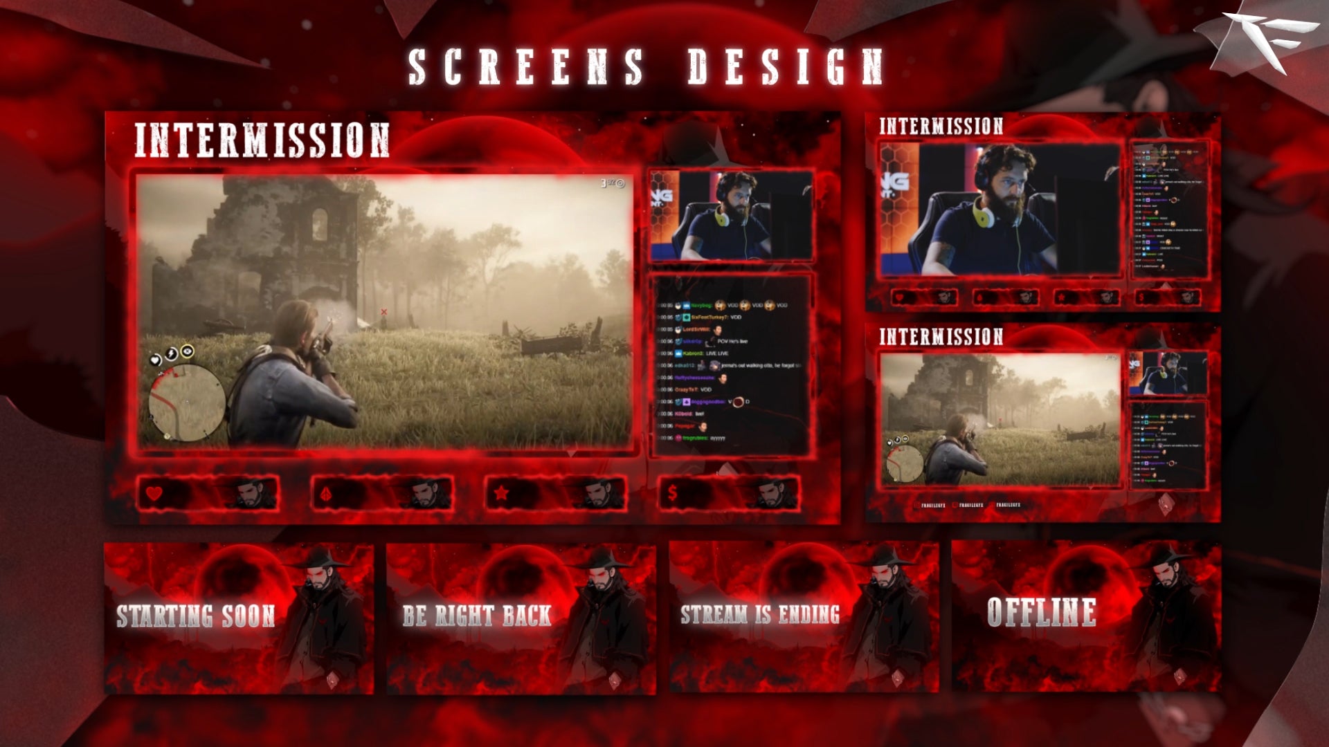 Bounty Hunter Twitch overlay package thumbnail featuring rugged dark-anime western aesthetics, red & black tones and cinematic stream design by FragileGFX.