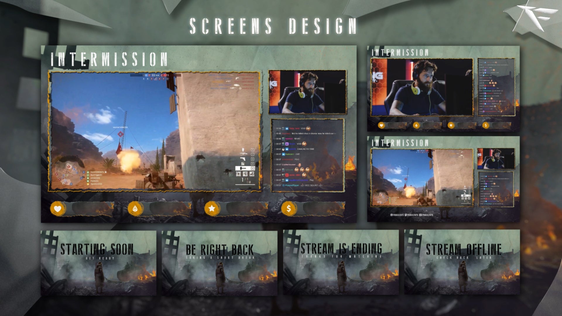 Aftermath Stream Package Twitch overlay screens – includes animated starting soon, be right back, and offline scenes – futuristic destruction-style stream design by FragileGFX.