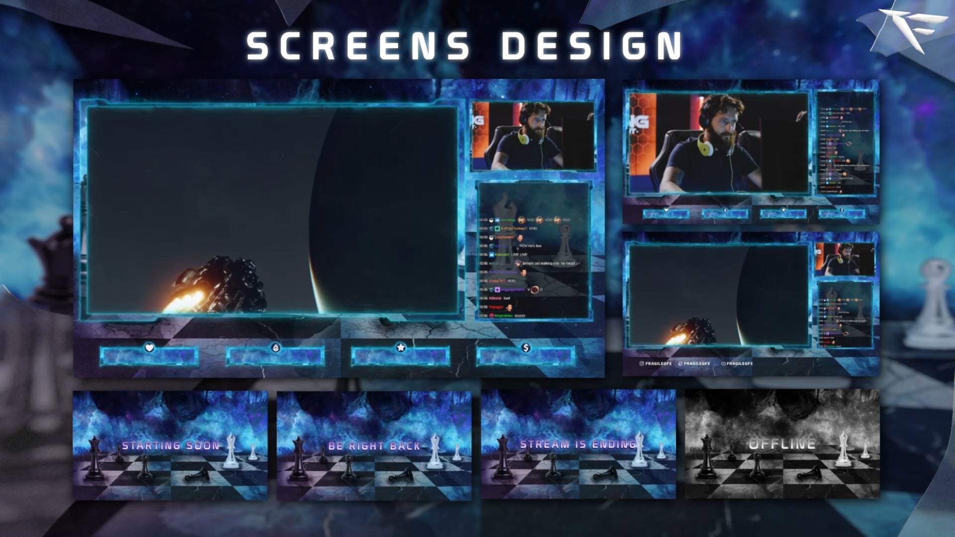 Chess Galaxy Stream Package full preview – includes all animated stream screens: Starting Soon, Be Right Back, Stream Ending, and Offline Scene – futuristic chessboard design with glowing pieces and galactic space background for Twitch, OBS, and Streamlabs.