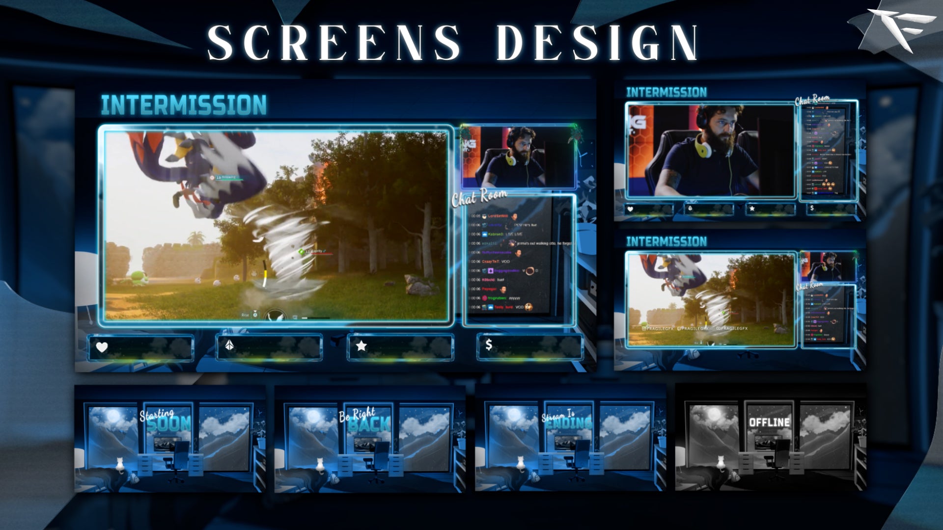 Cozy Night Twitch Overlay Package full preview – includes all animated stream screens: Starting Soon, Be Right Back, Stream Ending, and Offline Scene – warm cozy night design for Twitch, OBS, and Streamlabs streamers.