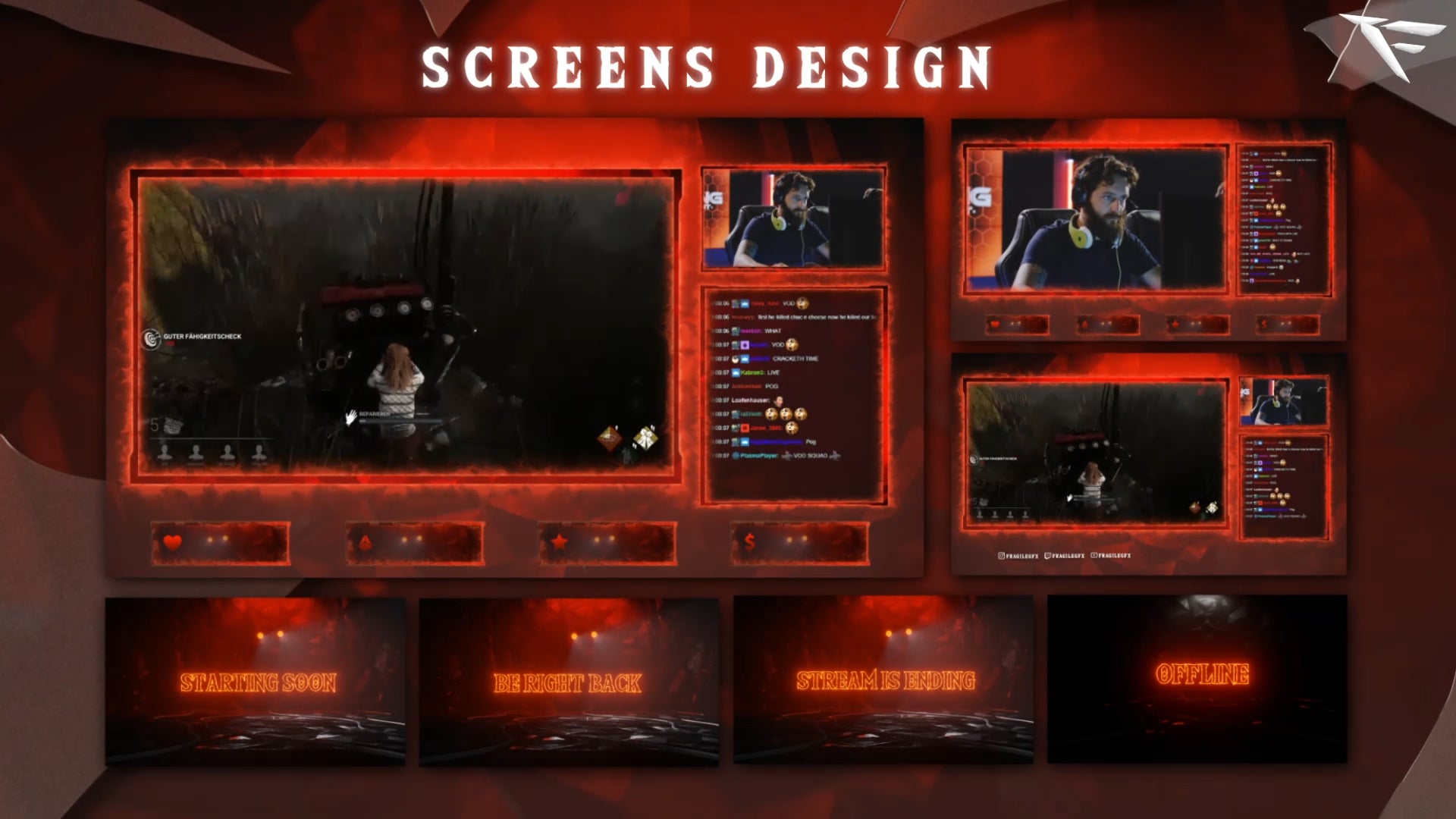 Neon Hell Stream Package full preview – includes all animated stream screens: Starting Soon, Be Right Back, Stream Ending, and Offline Scene – fiery neon hell theme with glowing red and orange accents for Twitch, OBS, and Streamlabs streamers.