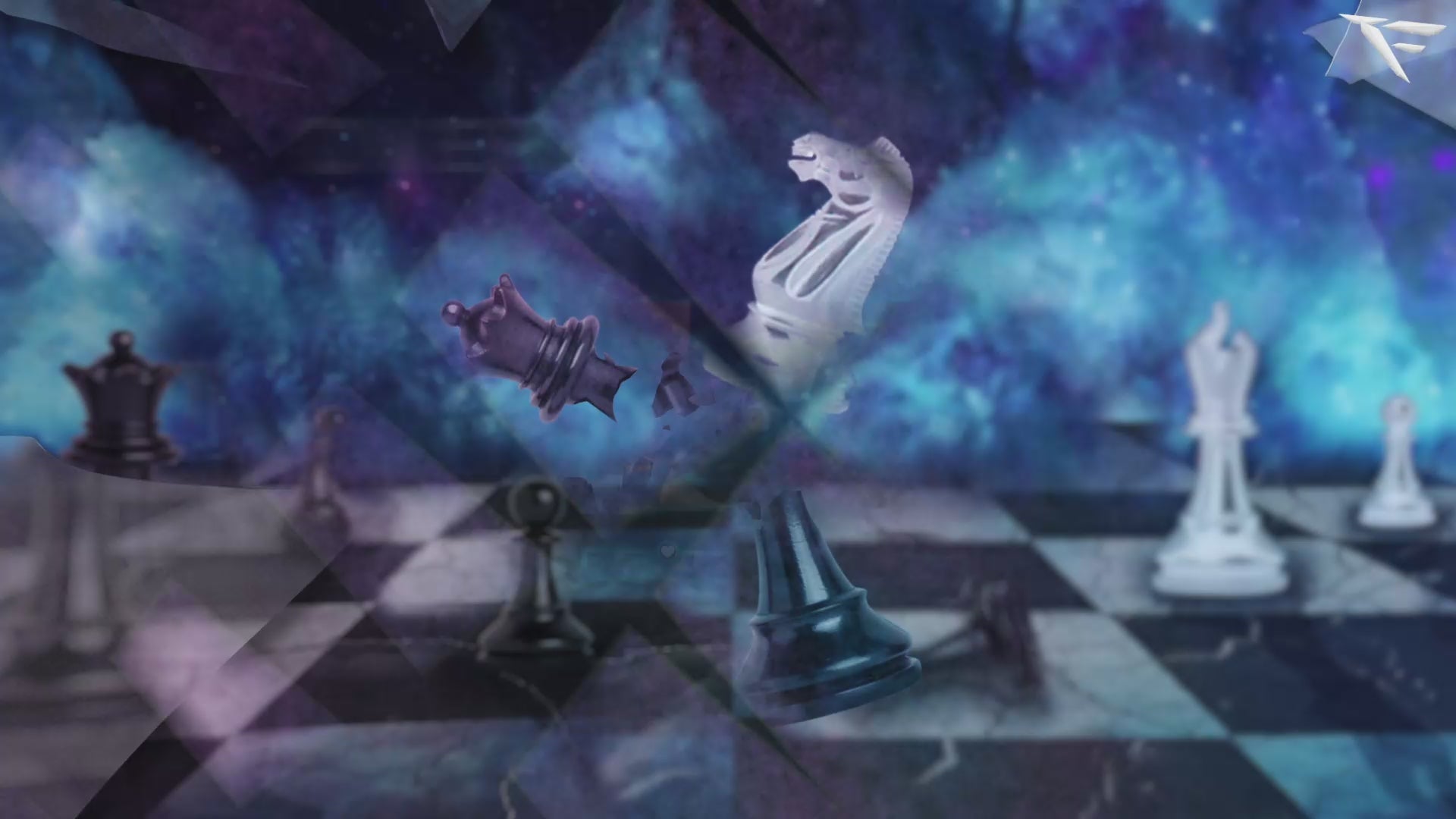 Chess Galaxy Twitch Facecam Frame – futuristic webcam overlay with glowing chessboard design and galactic space background, perfect for Twitch streamers using OBS and Streamlabs.