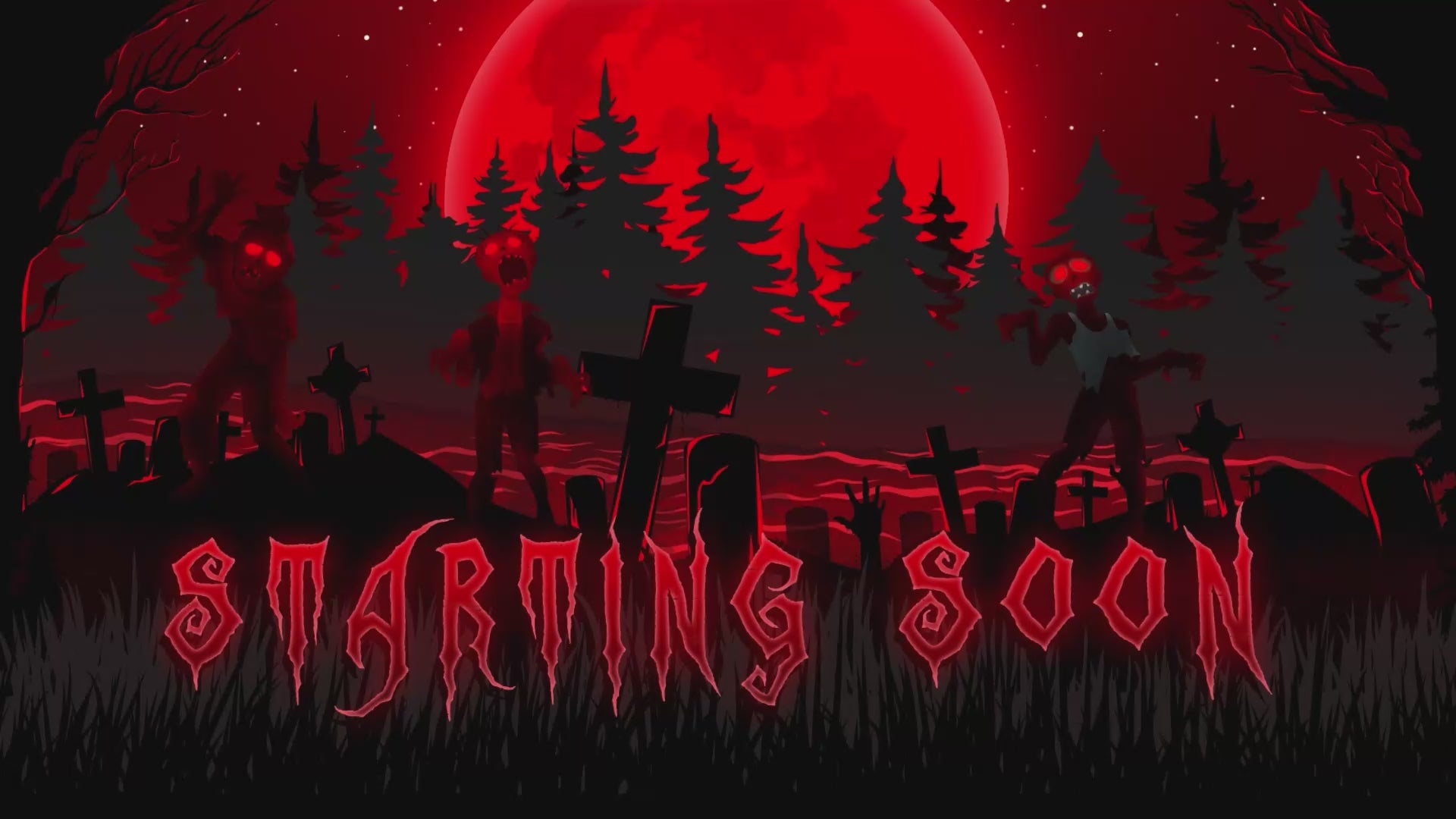 The Cemetery Horror Twitch Overlay Package full preview – includes all animated stream screens: Starting Soon, Be Right Back, Stream Ending, and Offline Scene – spooky graveyard and horror-themed design with blood-red accents for Twitch, OBS, and Streamlabs streamers.